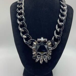 Banana Republic Black Matte Clear Rhinestone Chain Statement Necklace Signed